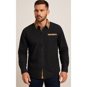 Coofandy Shirt Mens 4X Black Brown Plaid Trim Long Sleeve Cotton Blend Button Up